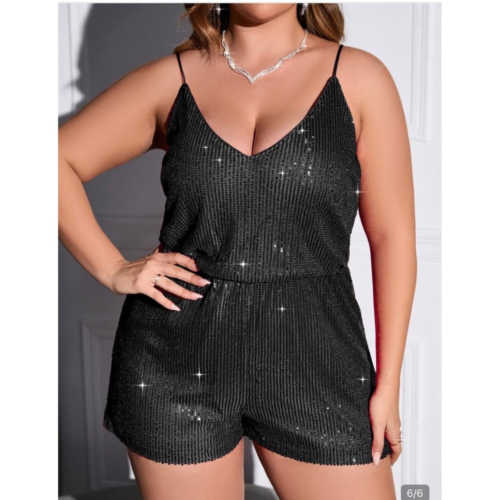 Double Crazy Black Sequin Romper V-Neck Spaghetti Strap‎ Plus Size 1XL